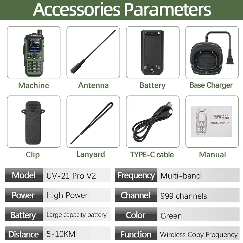 Baofeng UV-21 Pro V2 Wireless Copy Frequency Walkie Talkie Multi Band Long Range Type-C Charger UV 5R Ham Radio