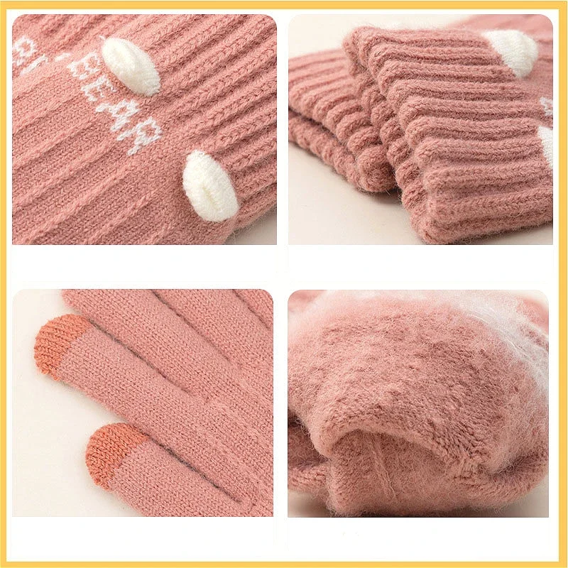 Motorbike Knitted Warm Gloves Women Winter Padded Thickened Coldproof Cute Riding Touch Screen Woolen Gloves