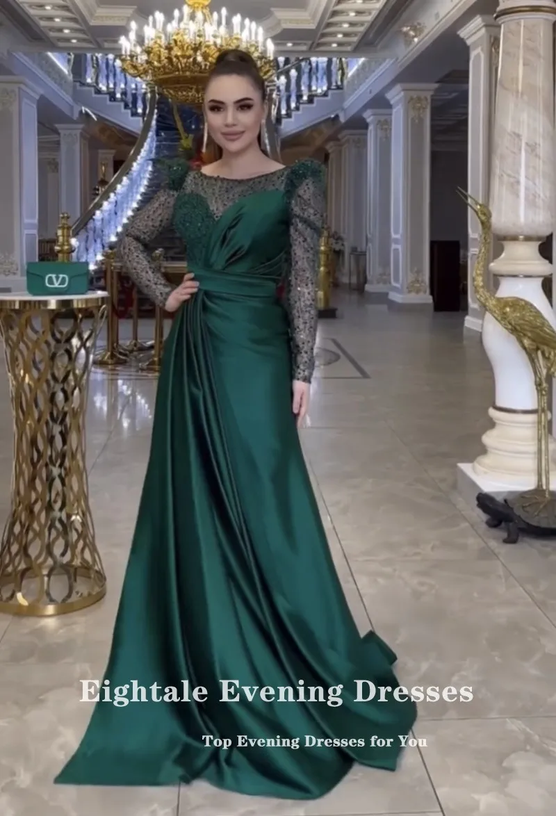 Eightale Emerald Green Evening Dresses O-Neck Glitter Long Sleeves Satin Customized Mermaid Party Prom Gown Vestidos De Noche