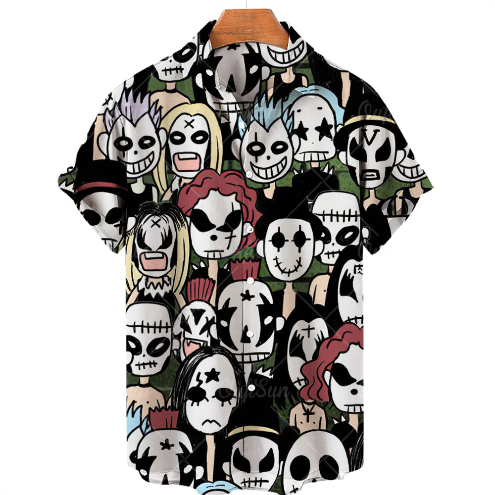 Hawaiihemd mit Totenkopf-Print, kurzärmelig, locker geschnitten, atmungsaktiv, Hip-Hop-Stil, schnelltrocknend, bequemes Herrenhemd für den Strand – Detail 3