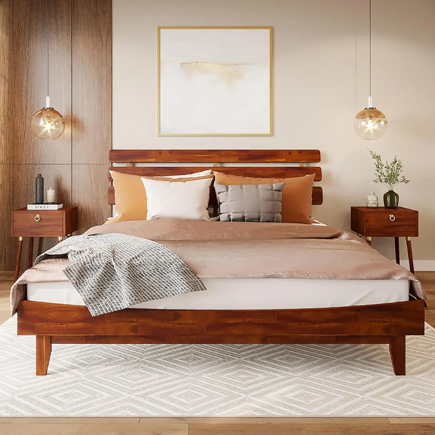 Bme Caden 15 Inch Deluxe Bed Frame with Adjustable Headboard - Mid Century, Retro Style with Acacia Wood - No Box Spring Needed