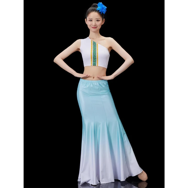 

Chinese Traditional Dress Girls National Dai Dance Costume Long Mermaid Peacock Fishtail Skirt Chinese Folk Festival Performance