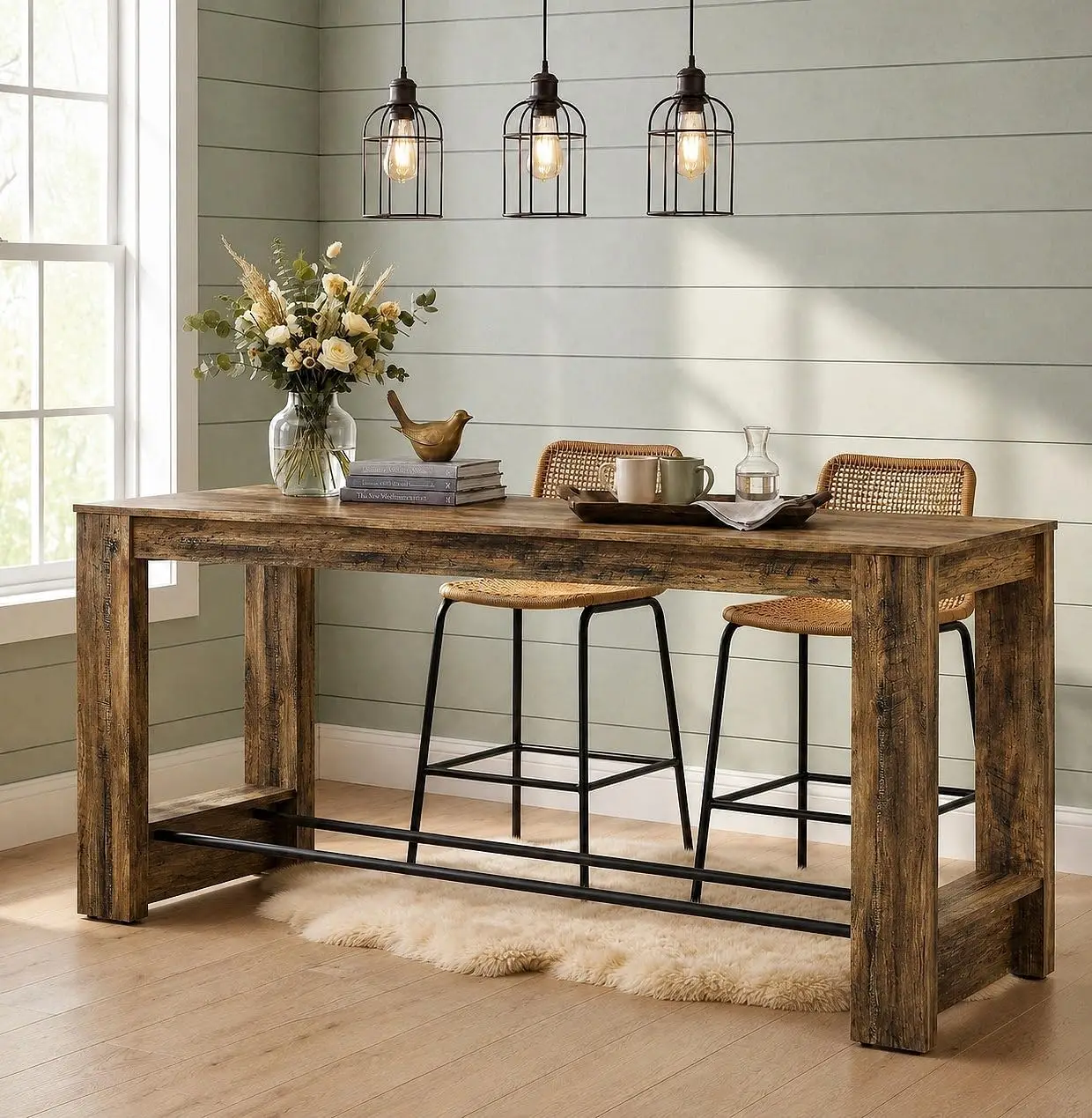 63'' High Top Long Bar Table, 37.4'' Counter Height Pub Table with Metal Footrests, Long Home Bar Unit for Kitchen, Dining Room, Bistro, or Restaurant, Brown | 37.4'' High Top Kitchen Breakfast Bar Table, Wooden Rectangle Pub Table