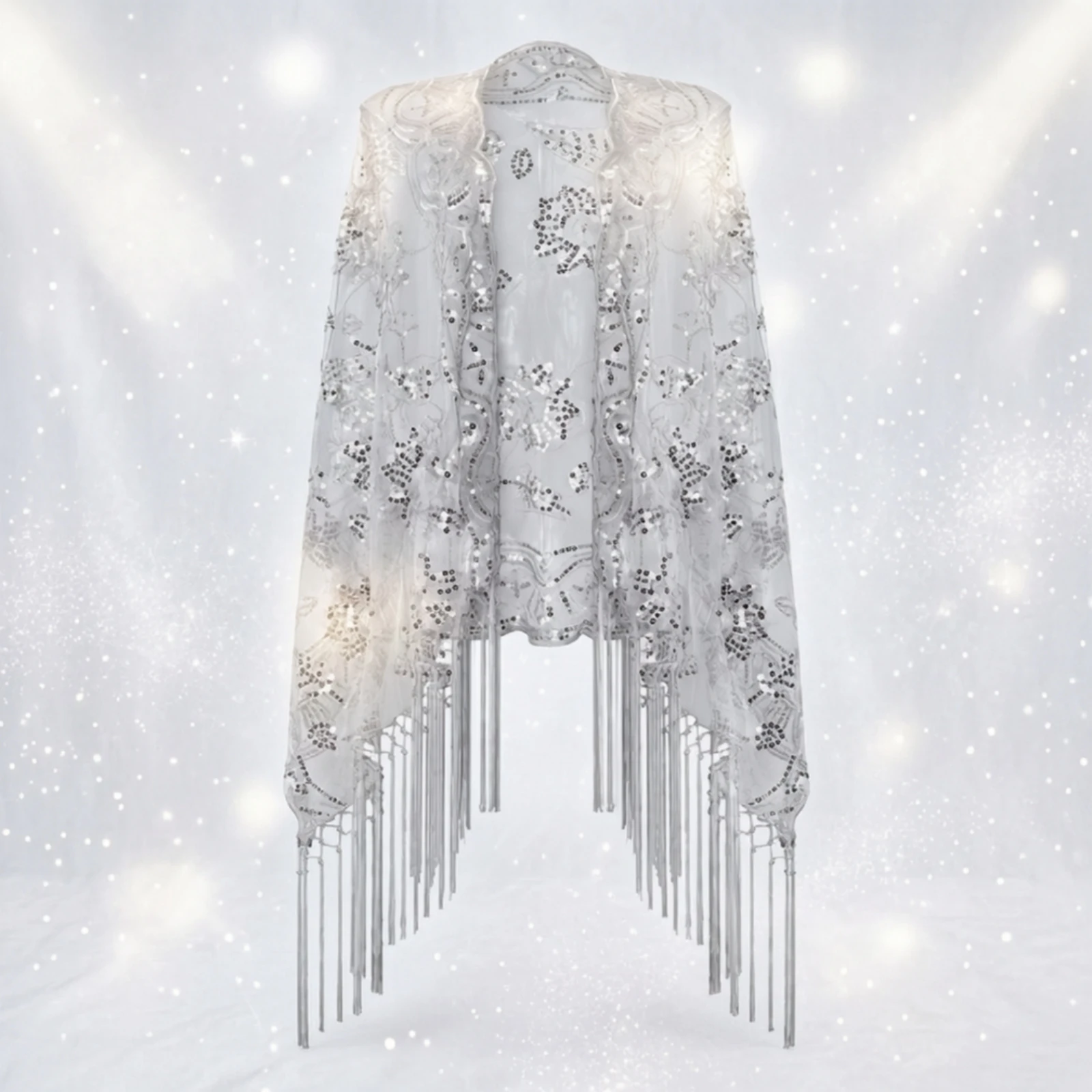 Floral Embroidered Shawl with Sequins Lightweight Translucent Mesh Shawl Open Front Cape with Fringe Shimmering Bridal Gown Wrap