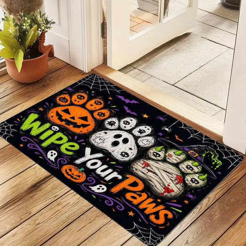 Rectangular Halloween Pumpkin Mummy Paw Print Welcome Doormat, Non‑Slip Dirt‑proof Floor Decor