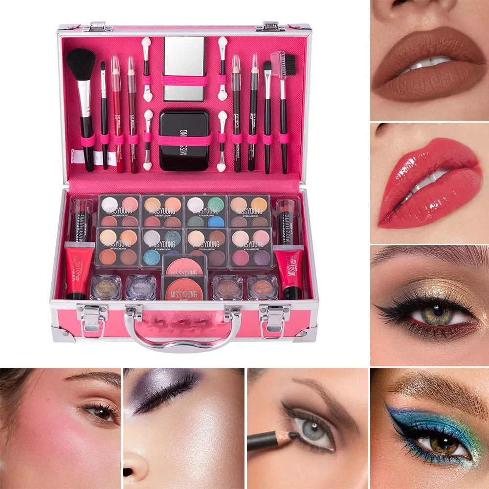 Makeup Case Set Natural Long Lasting Matte Shimmer Lipstick Eyeshadow Blush Highlight Multifunctional Full Face Cosmetic Kit