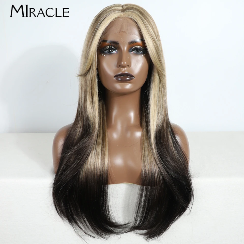 MIRACLE Synthetic  26 Inch Lace Front Wig for Women Ombre Straight Lace Wig With Bangs Female Fake Hair Cosplay Wig