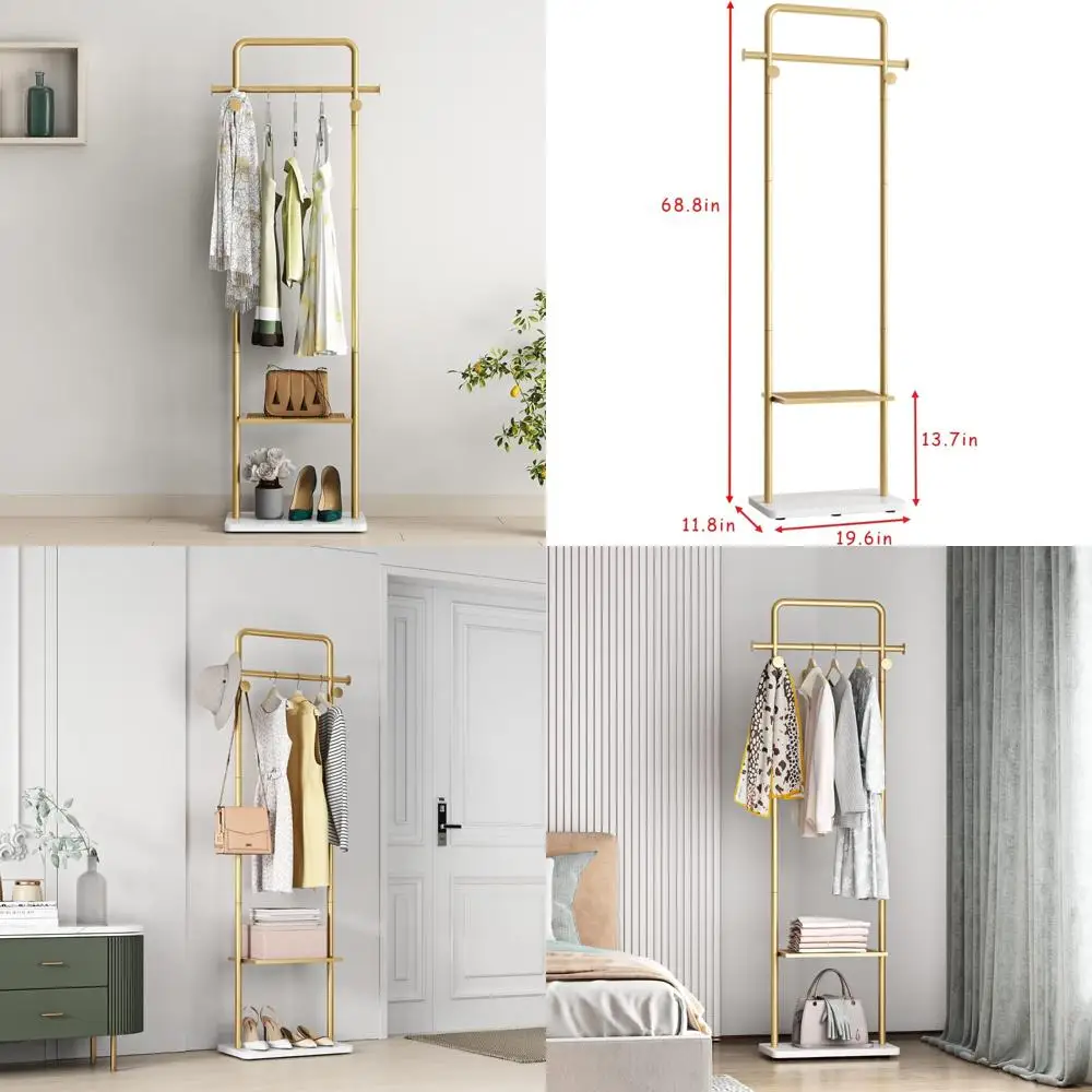 

Sturdy Gold Clothing Rack with Shelf for Boutiques, Freestanding Metal Garment Display Rack for Hanging