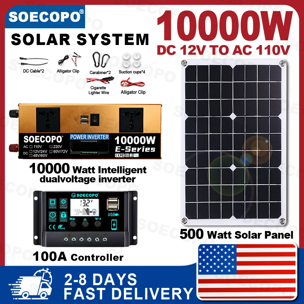 

(U.S Stock) SOECOPO 10000W Solar Generator Kit 500W Panel 100A Controller 12V/24V to 110V Inverter DC Cable for Camping Home