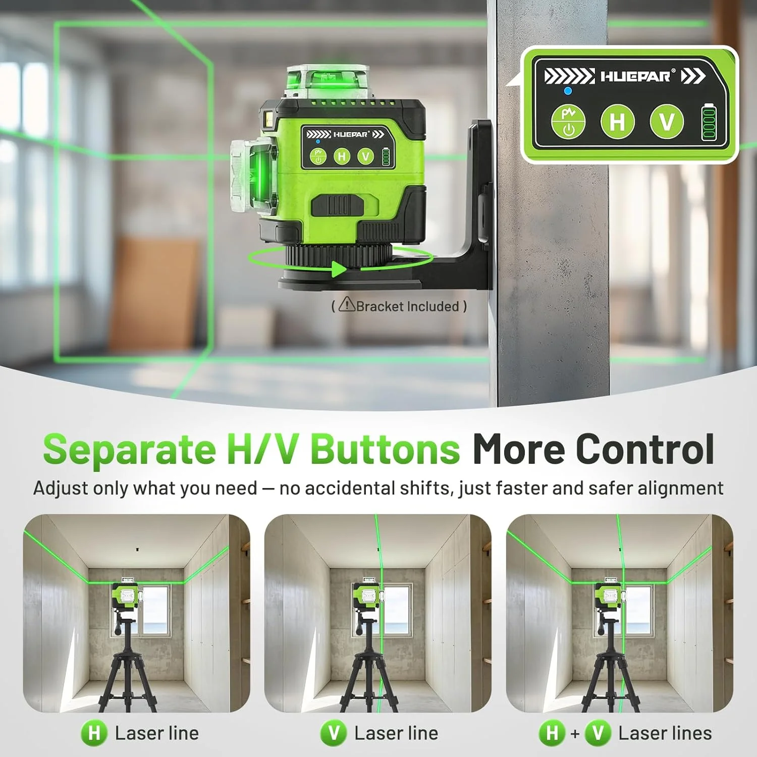 Huepar 3D Laser Level 12 Lines Self Leveling Digital Angle Screen High Brightness Cross Line 3 x 360° Rechargeable Lazer Leveler