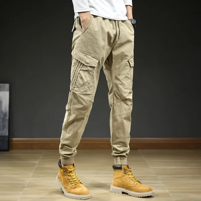 

Cargo Pants Men Safari Style Multiple Pockets Causal Pants Mens Cotton Elastic Waist Military Solid Color Full Length Trousers