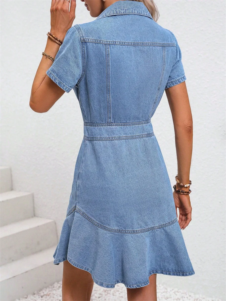 Benuynffy Streetwear Button Front Denim Dress Women Summer High Waist Short Sleeve Turn-down Collar Ruffle Hem Mini Dresses