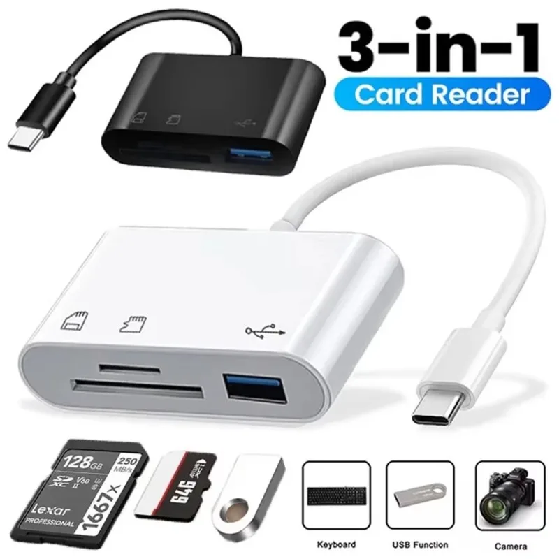 3 in 1 Multifunction TF CF SD Memory Card Reader Sim Cards Adapters USB C TypeC OTG Converter for MacBook Laptop Samsung Xiaomi