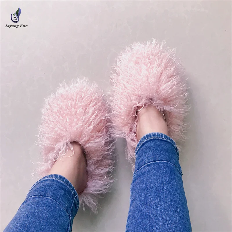 

High Quality Hot Selling Custom Faux Fur Slippers Slides Fashion Fluffy Fuzzy Faux Mongolian Fur Slides