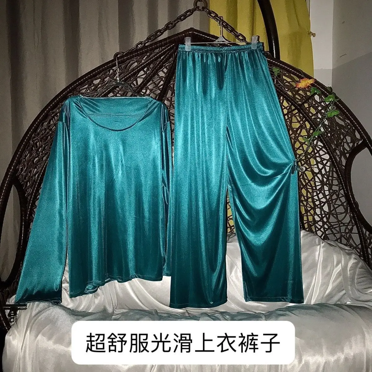 Spring Autumn Glossy 2 Pieces Sets Sports Fitness Tops Pants Plus Size Sleeping Pajamas