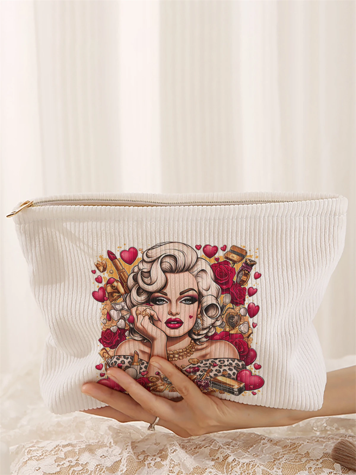 

1, вельветовая косметичка с женскими узорами, легкая коробка для хранения косметики на молнии, многофункциональная сумка с подкладкой