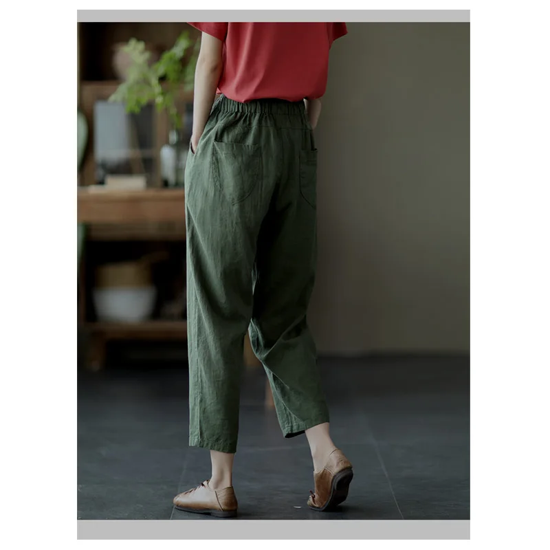 100% Pure Linen Women's Nine-Piece Pants Outdoor Leisure Sports Jogging Pants Comfortable, Breathable, Wicking Sweat Away