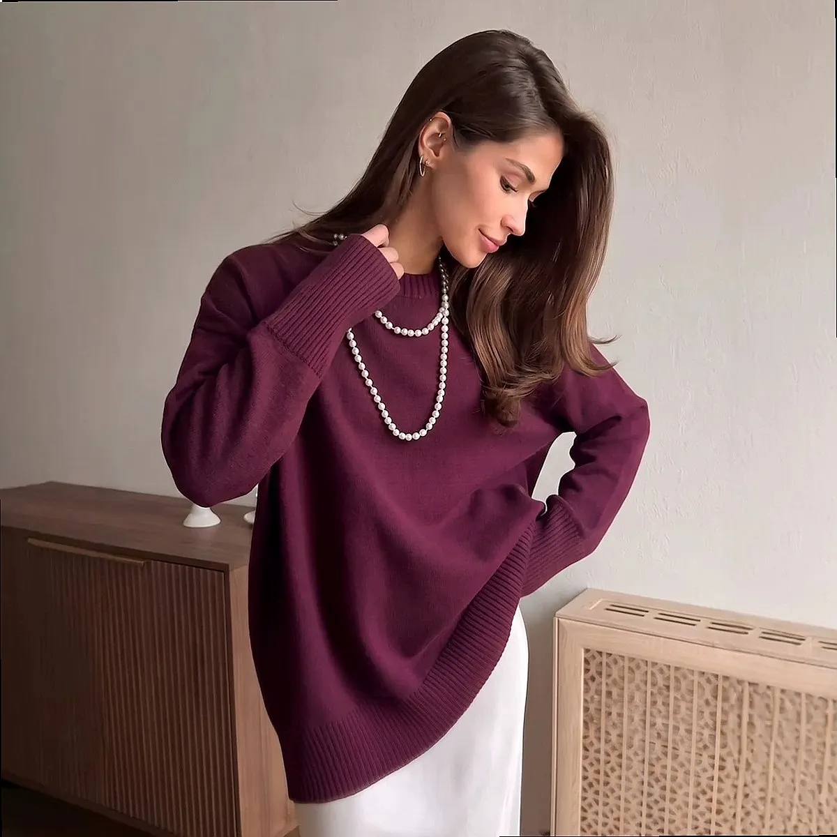 Oversized Round Neck Cotton Sweater Women Spring Summer Casual Pullover Knit Tops
