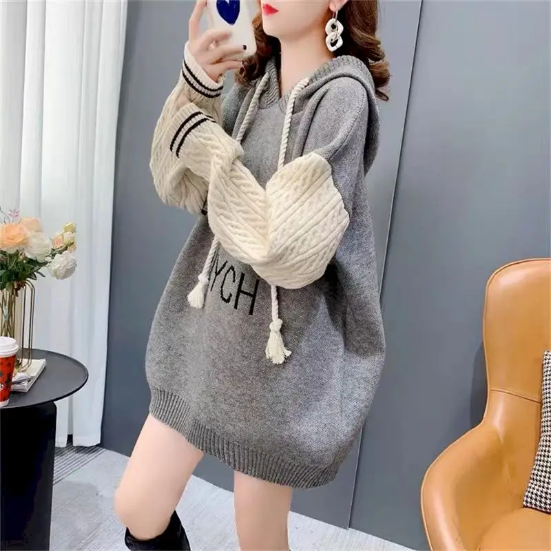 

Contrast Color Splice Hoodieswomen Autumn Winter Knitted Hooded Pullover Coat Casual Loose Knit Hoodie Fashion Design Tops Y2k