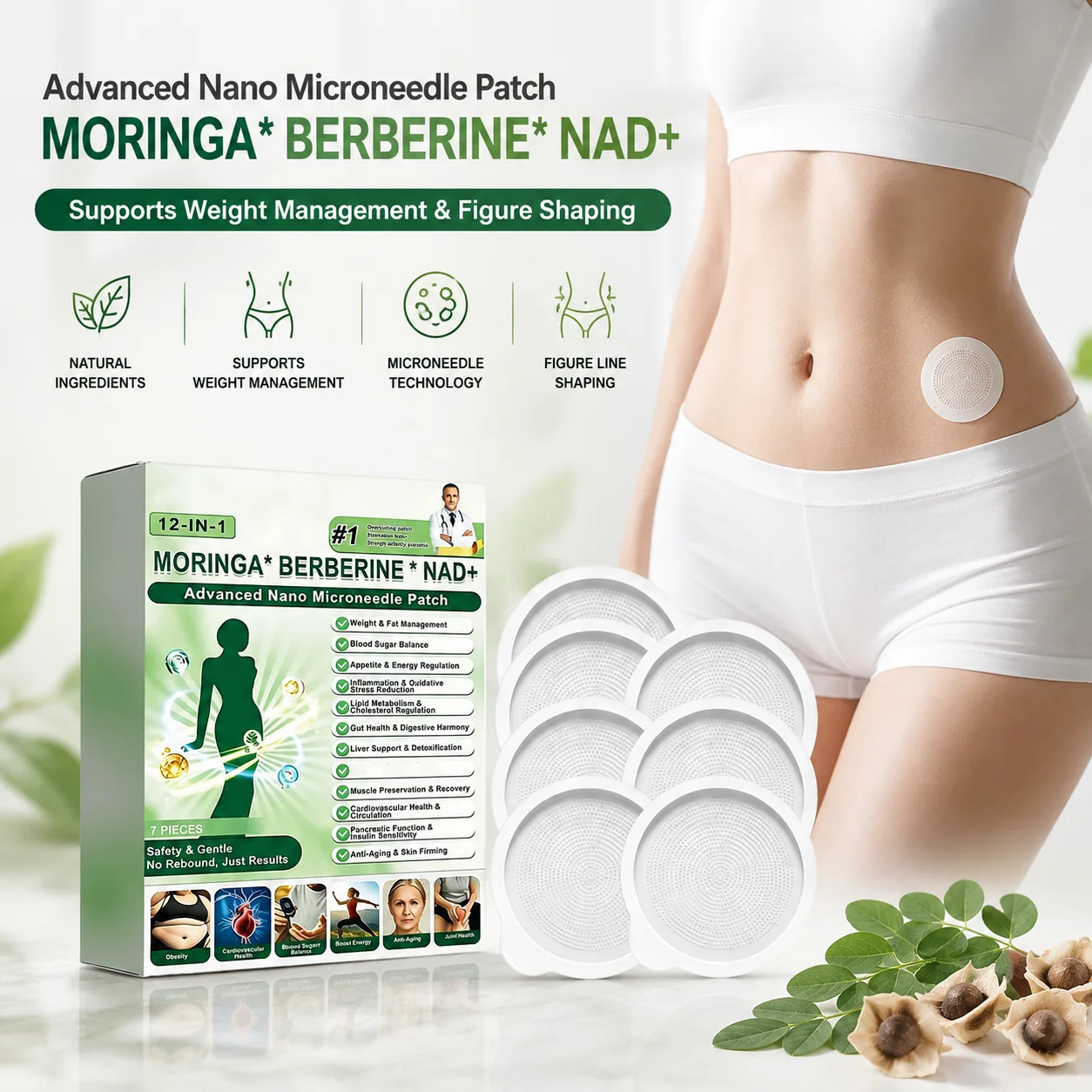 Advanced Nano Microneedle Firming Patch with Berberine NAD+ Weight Management Assistance Patch Figure Line Shaping Daily Care