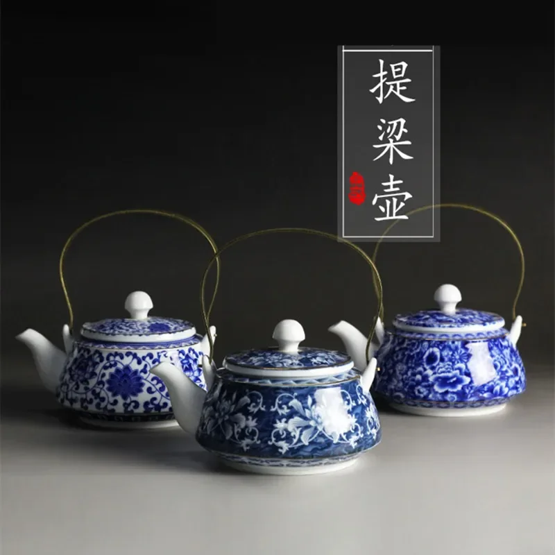 Chinese Jingdezhen Blue and White Porcelain Teapot, Coffee Pot, 600ml Copper Girder Tea Pot, Home Ceramic Teaware, High Quality