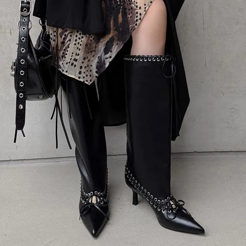 Fashionable and Versatile Hot Girl Pointed Toe Strap Set High Boots 2026 New Slim Large Tube Circumference Splicing High Heels