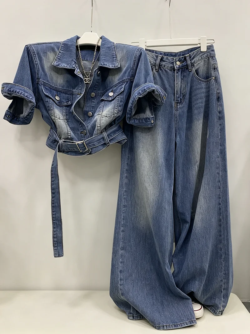 

Korean Design Loose Slimming Short Sleeve Denim Top Women Summer New Fashion Hole Wide Leg Pants Two Piece Set Casual Wear