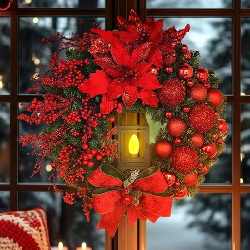 Christmas Decoration For Home Christmas Wreath With Light Bow Ball Big Red Flower Xmas New Year's Eve 2024 Door Window Room Deco