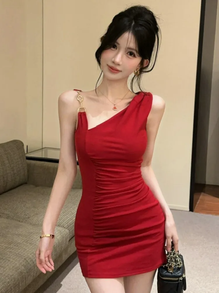 

Elegant Short Skirt Women's Bodycon Dress Asymmetrical Design High Waist Pleated Spring Summer New Style Korean Style Dress