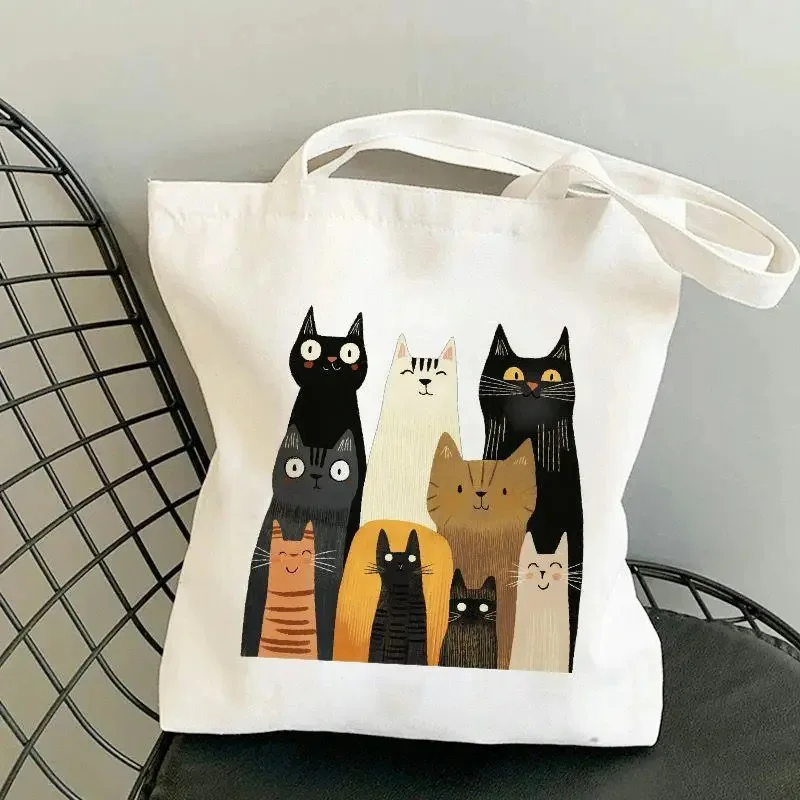 

Women Shoulder Canvas Bag Cartoon Cute Cats Print Art Tote Bag Reusable Eco-friendly Daily Shopping Fashion Gift for Cat Lover