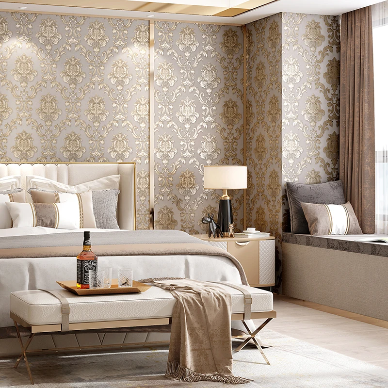 Beige-grey Gold Textured Luxury Classic 3D Damask Wallpaper Bedroom Living Room Home Decor Waterproof Vinyl PVC Wall Paper Roll