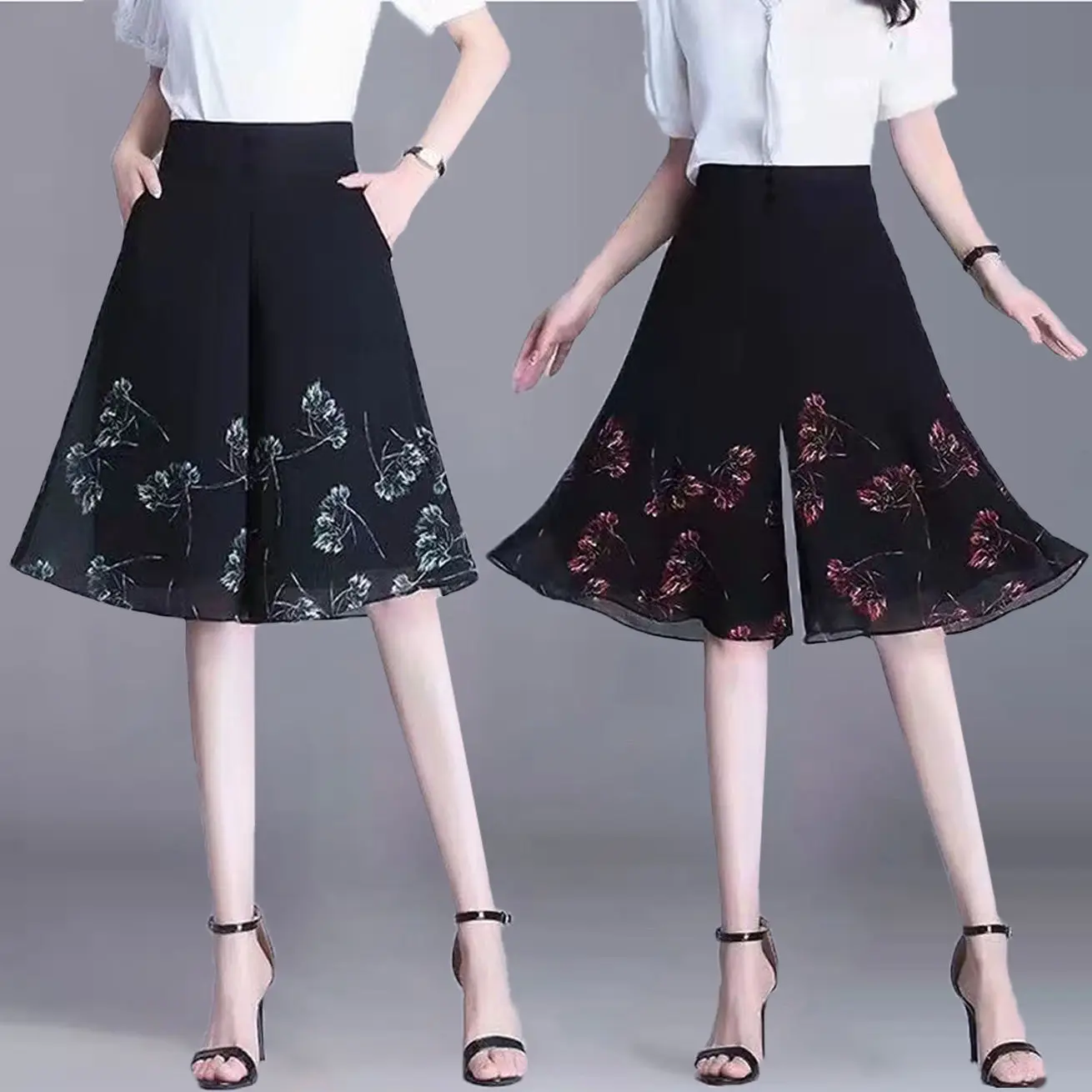 Summer Simple Solid High-Waist Wide-Leg Pants for Middle-Aged Women