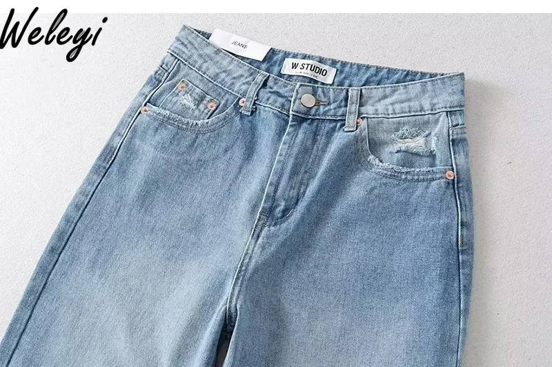 Celana Jeans sobek lurus longgar jalanan Amerika wanita celana Denim biru muda pinggang tinggi antik baru musim panas 2025