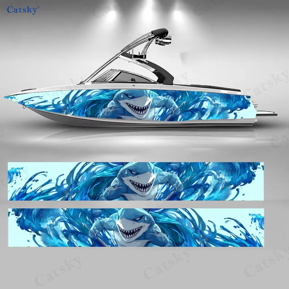 

2Pcs Fierce Shark Warrior Boat Wrap, PVC Waterproof Durable Vinyl Wrap Decals for Fishing Boat, Durable and Stylish Design, Gift