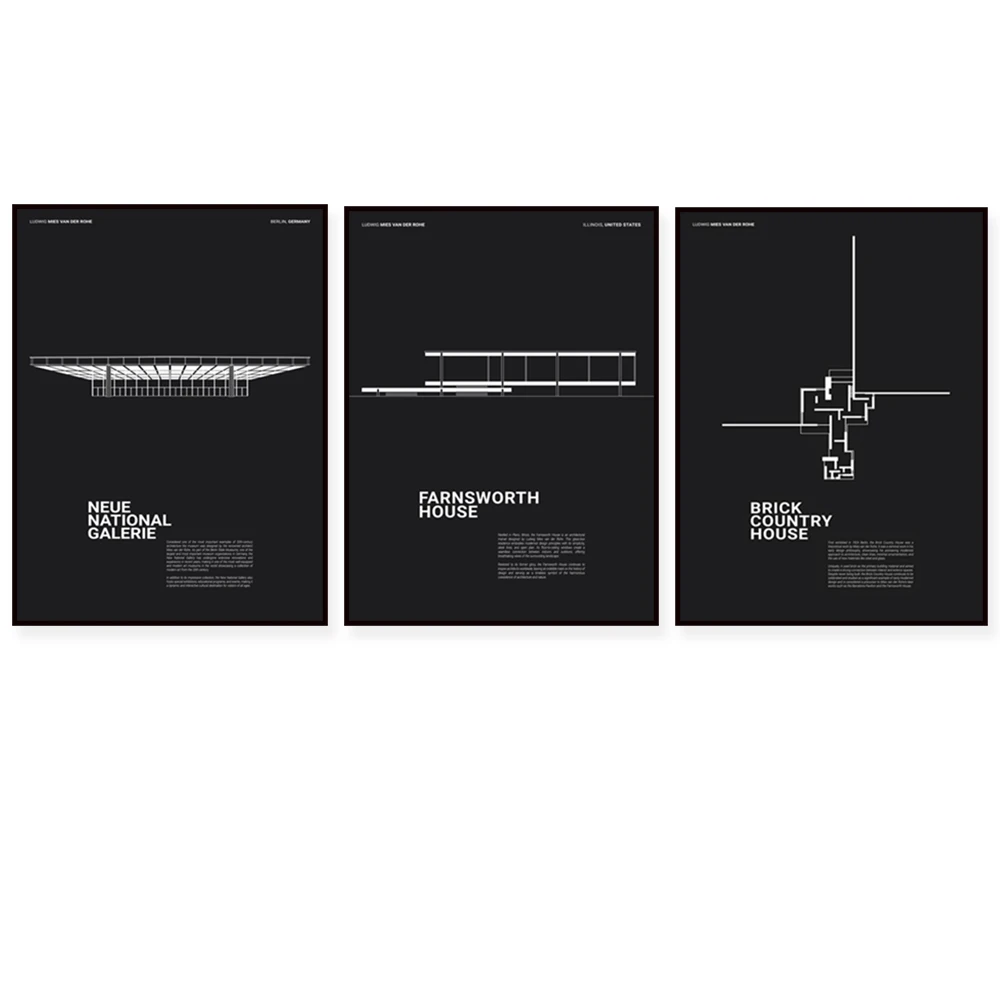 Farnsworth House، Ludwig Mies van der Rohe، Neues Nationalgalerie Berlin، ملصق معماري كلاسيكي أبيض وأسود، Bauhaus