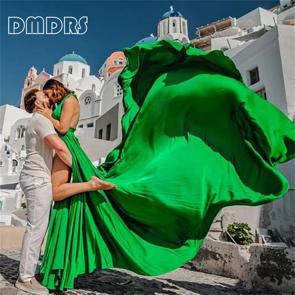 

Flying Boho Dresses For Photo Shoot High Slit Plus Size Women Party Gown Silky Satin Beach Dress For Women Sleeveless V Neck