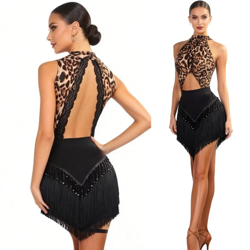 

Женский костюм для латиноамериканских танцев чача: топ с вырезами и леопардовым принтом, юбка с бахромой, для взрослых, для выступлений в стиле румба, латиноамериканских танцев, SL14923