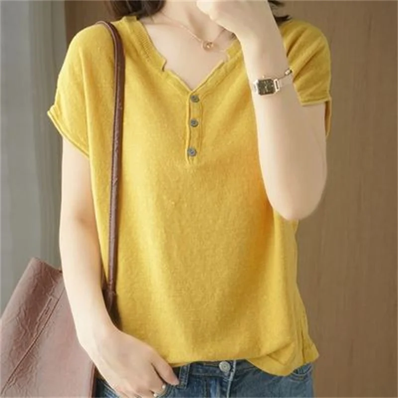 Summer 100% Cotton T-shirt Women Clothing Korean Style V-neck Short Sleeve T-shirts Woman Solid Casual Basic Shirt Lady Tops