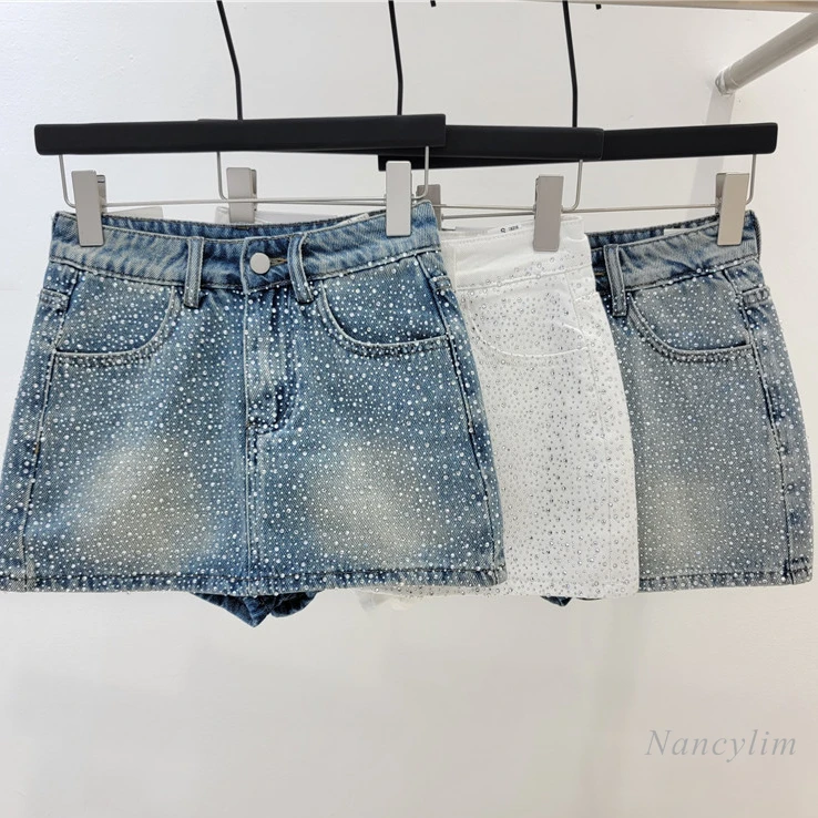 Light Blue Denim Skirt Women's All-Matching Slim Fit 2024 New Niche Diamond-Embedded Fashion Temperament Mini Skirts
