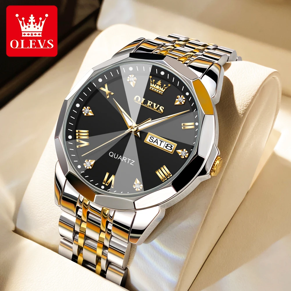 OLEVS Men\'s Watches Rhombus Mirror Original Quartz Watch for Man Waterproof Luminous Stainless Steel Wristwatch Male Date Week