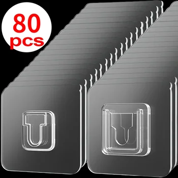 80/2pcs ตะขอสองด้านกาวโปร่งใส Traceless Wall Hook สําหรับห้องครัวห้องนอนผู้ถือปลั๊ก SOCKET Hanger
