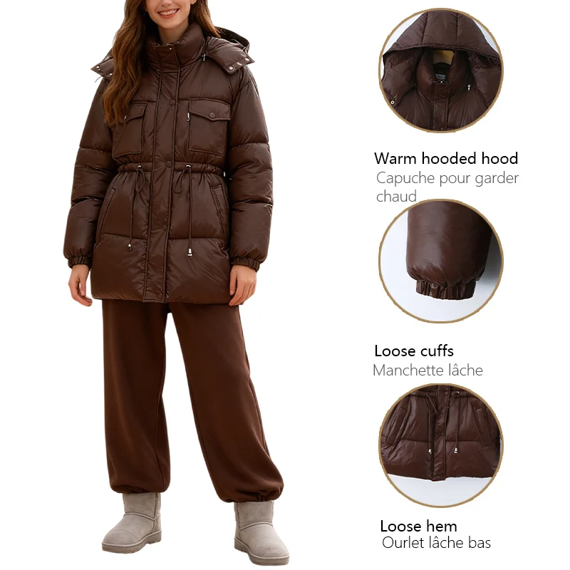 سترة نسائية مبطنة بغطاء للرأس وسحاب ورباط متوسط الطول للدفء أنيقة ومتعددة الاستخدامات مناسبة للتنقل اليومي