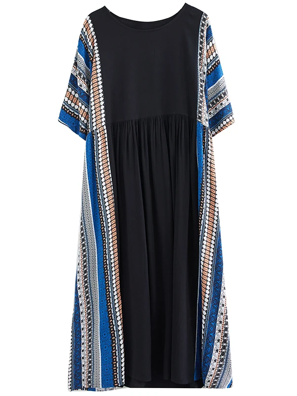 فستان ماكسي بأكمام قصيرة وياقة مستديرة بنمط مخطط عتيق للنساء في منتصف العمر وكبار السن، تصميم فني جديد بطابع قديم لفصل الصيف