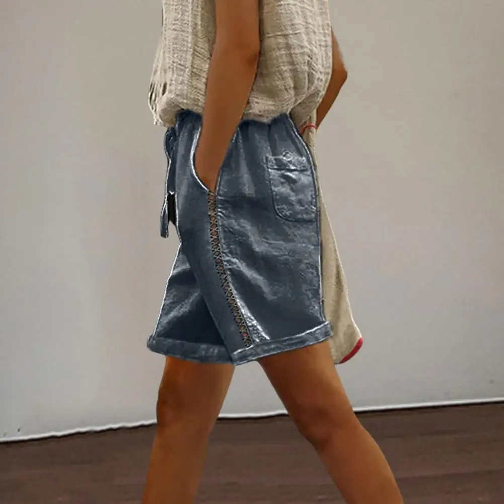 2025, damesshorts met zak, vetersluiting, taille, knielengte, zachte textuur, zweetabsorberend kant, gesplitst, losse pasvorm, zomerbroek, trainen