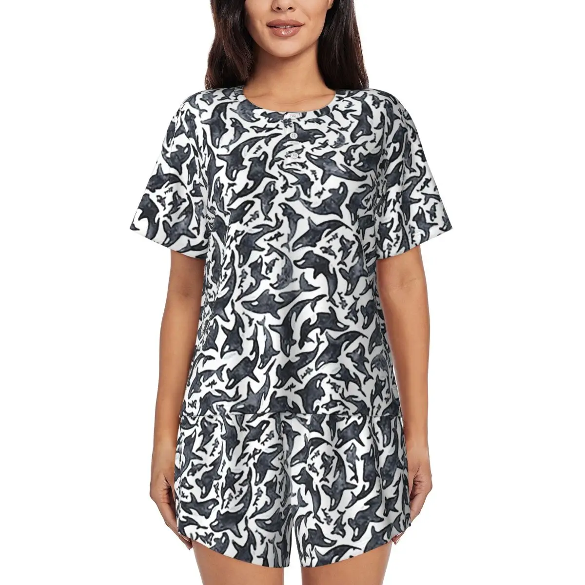 

Ночные рубашки с круглым вырезом и короткими рукавами Orca Aquatic Sea Ocean Killer Whale для женщин, свободный пижамный комплект с короткими штанами