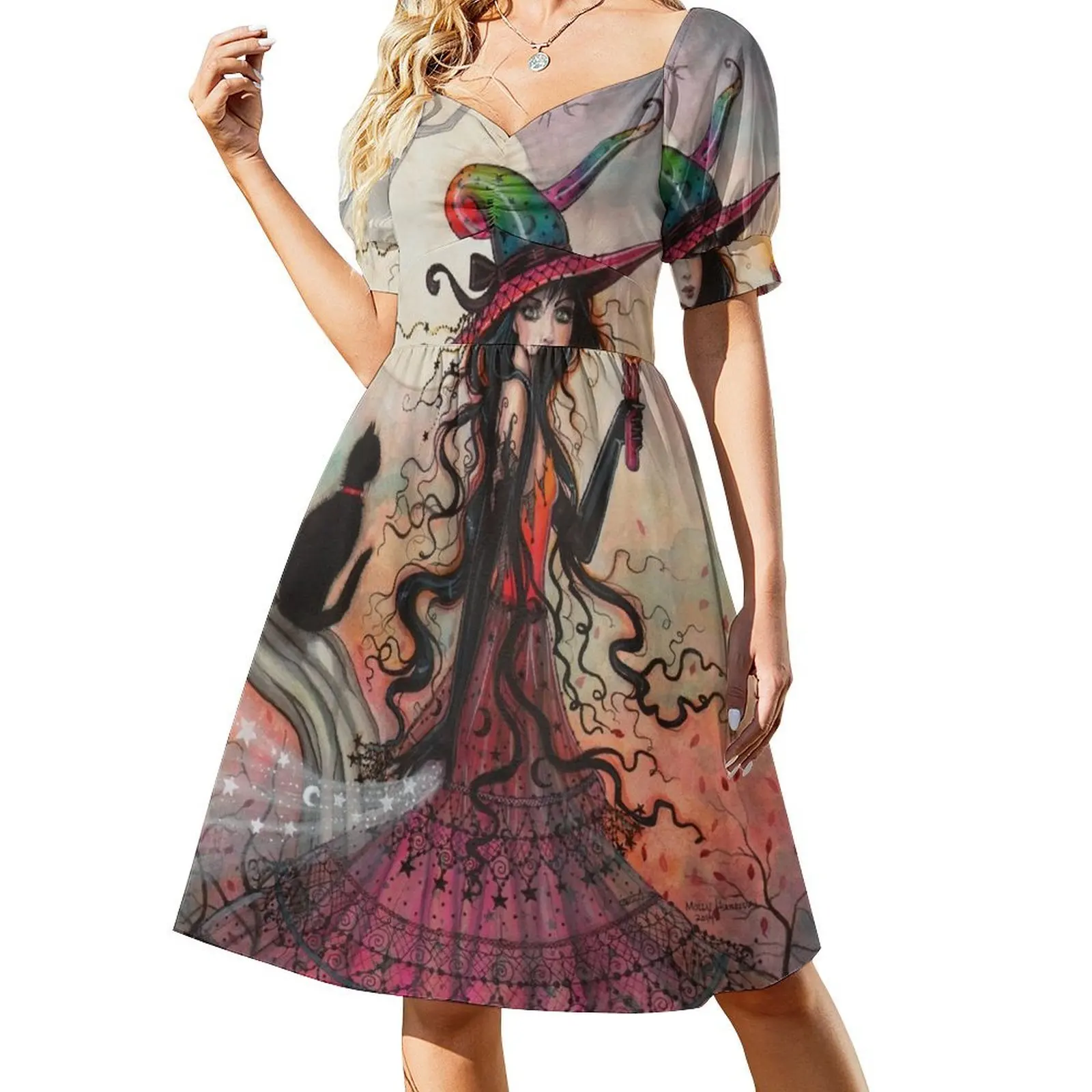 

October Flame Witch Cat Fantasy Art by Molly Harrison Short Sleeved Dress clothes Dresses dress summer 2025 women Dress