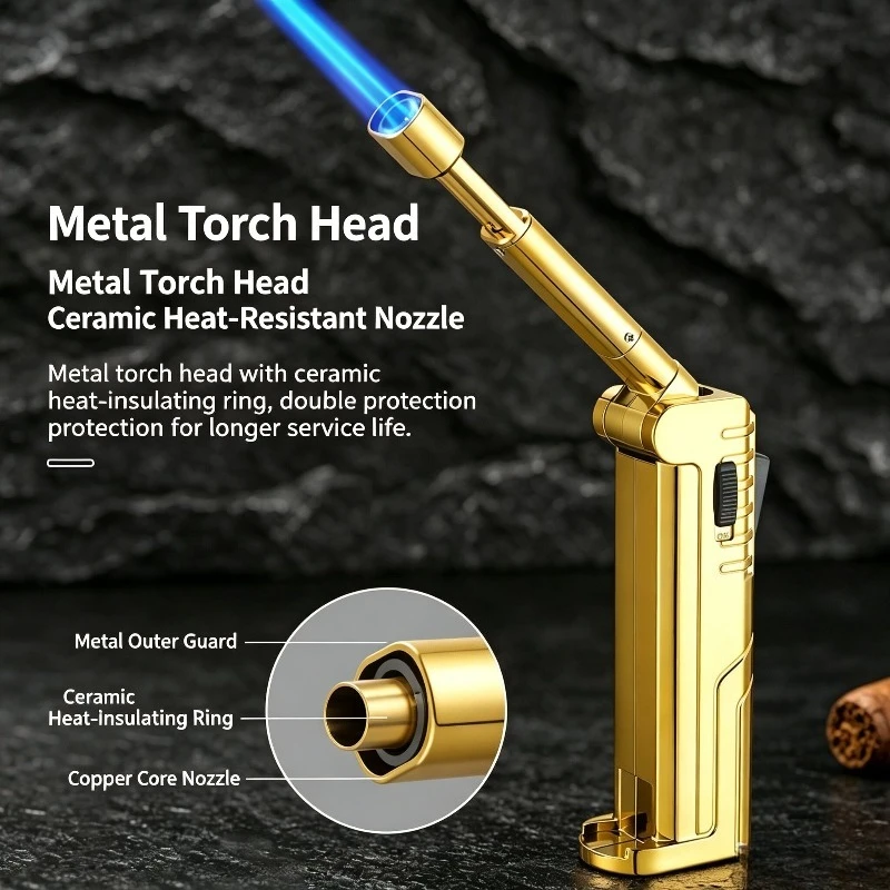 9‑Section Foldable Torch Lighter Windproof Jet Blue Flame Safety Lock Refillable Gas Lighter for Camping BBQ