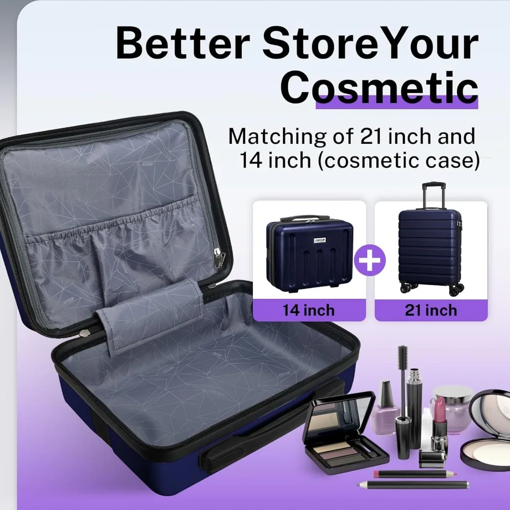 Lightweight Hardside ABS Luggage Set with USB Port, Carry-On and Mini Cosmetic Cases, TSA Approved for Travel