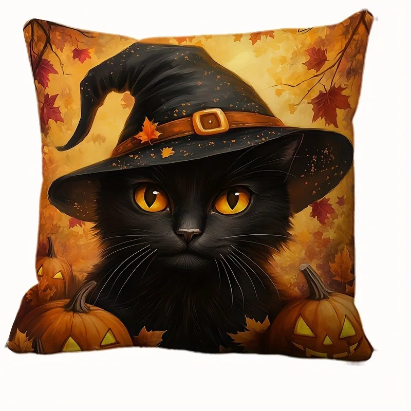 Halloween Witch Hat-Printed Cat and Owl Pillowcases: Spooky Autumn Decor! Sofa Cushion Cover Holiday Party Decoration Gift