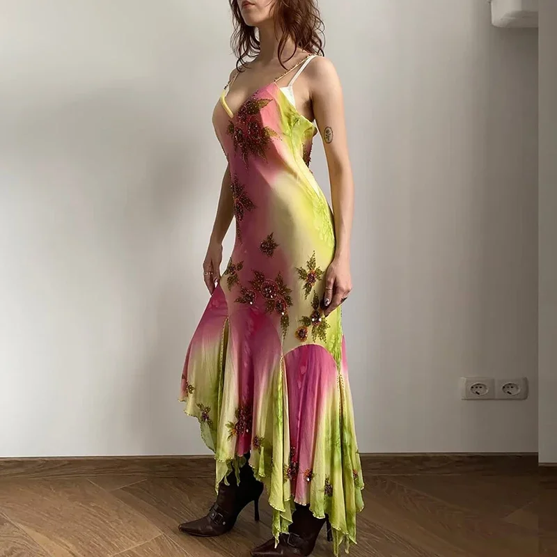 Elegant Off Shoulder Sequins Irregular Dress Women Fashion Printed Slim Fit Long Dress Summer Sexy Sleeveless Hollow Party Dress view 3